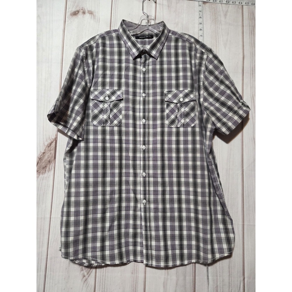 Axist Shirt Mens 2XL Purple Gray Plaid Short Sleeve Button‎ Down Flap Pockets